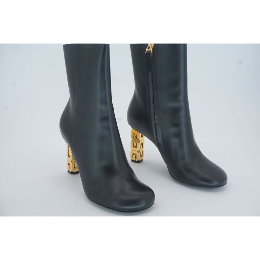 Givenchy Black G Cube Leather Round Toe Ankle Booties SZ 37 Gold Logo Heel $1400 - Picture 4 of 12